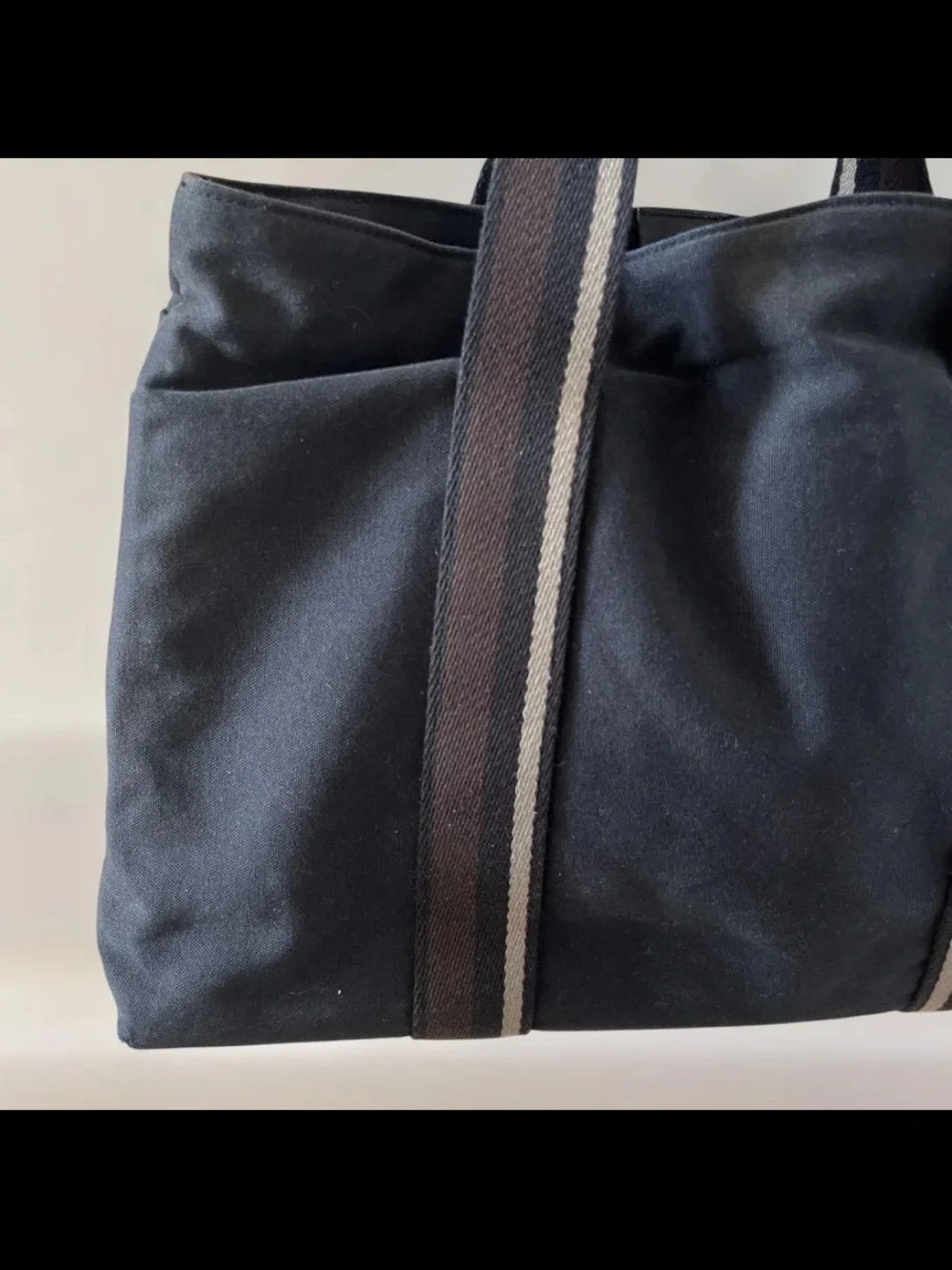 Hermes Black Canvas Tote with Brown and Gray Striped Straps